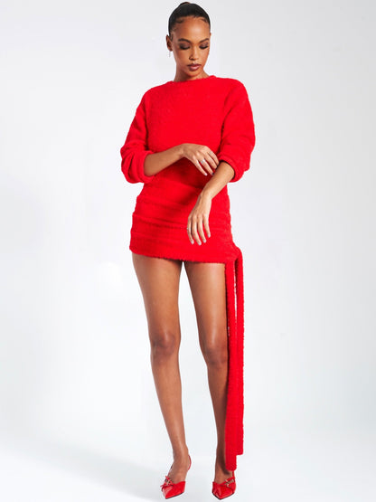 Kira Red Knit Long Sleeve Backless Sweater Dress - HOUSE OF SHE