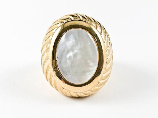 Large Oval Shape Mother Of Pearl Center Stone Textured Band Steel Ring - HOUSE OF SHE