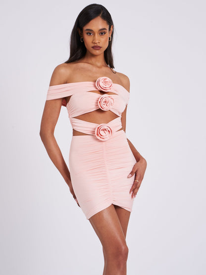 Lynn Peach Off Shoulder Ruched Dress - HOUSE OF SHE