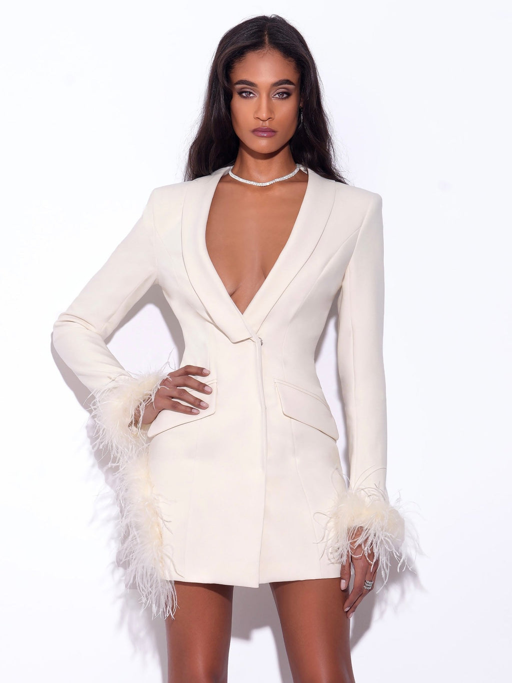 Madeline Pearl White Feather Trim Blazer Dress - HOUSE OF SHE