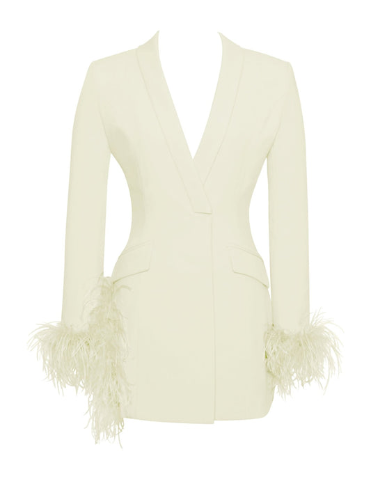 Madeline Pearl White Feather Trim Blazer Dress - HOUSE OF SHE