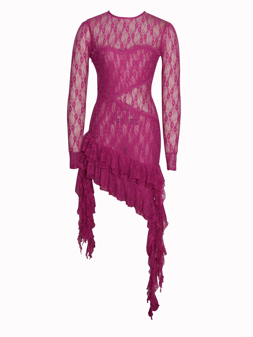 Maira Fuchsia Lace Long Sleeve Ruffle Dress - HOUSE OF SHE