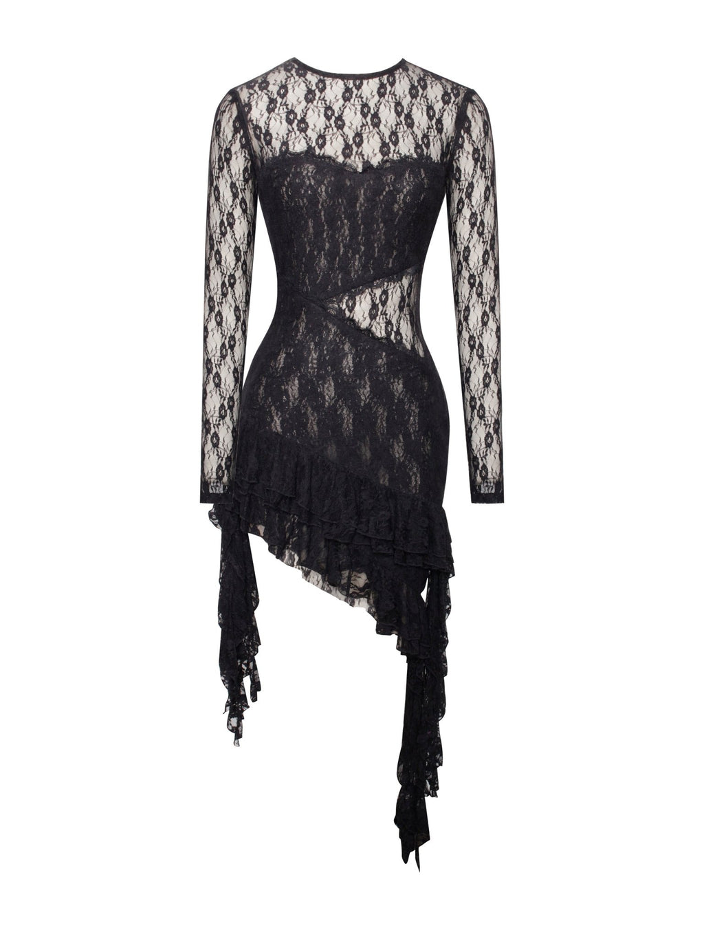Mairah Black Lace Long Sleeve Ruffle Dress - HOUSE OF SHE