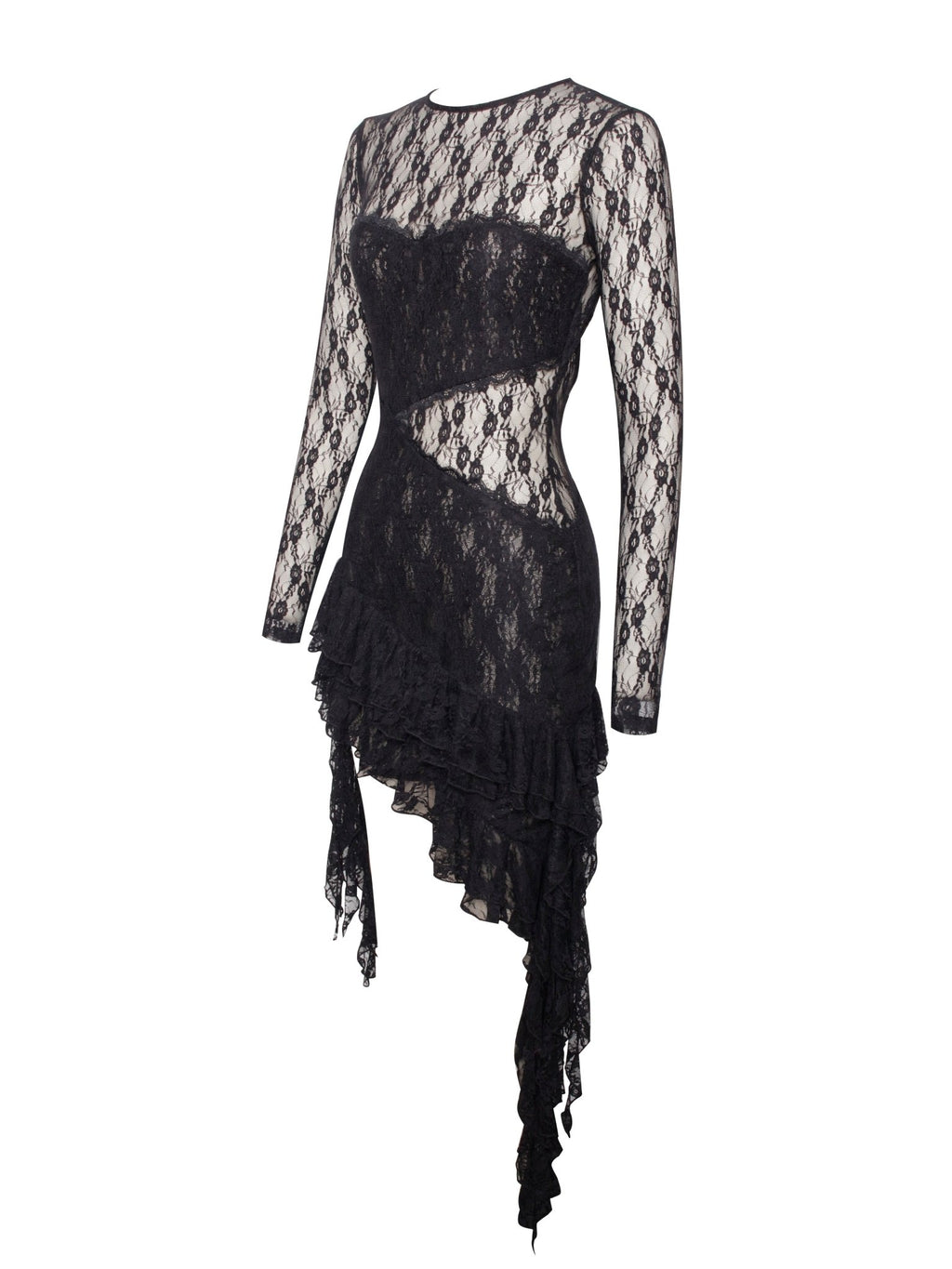 Mairah Black Lace Long Sleeve Ruffle Dress - HOUSE OF SHE