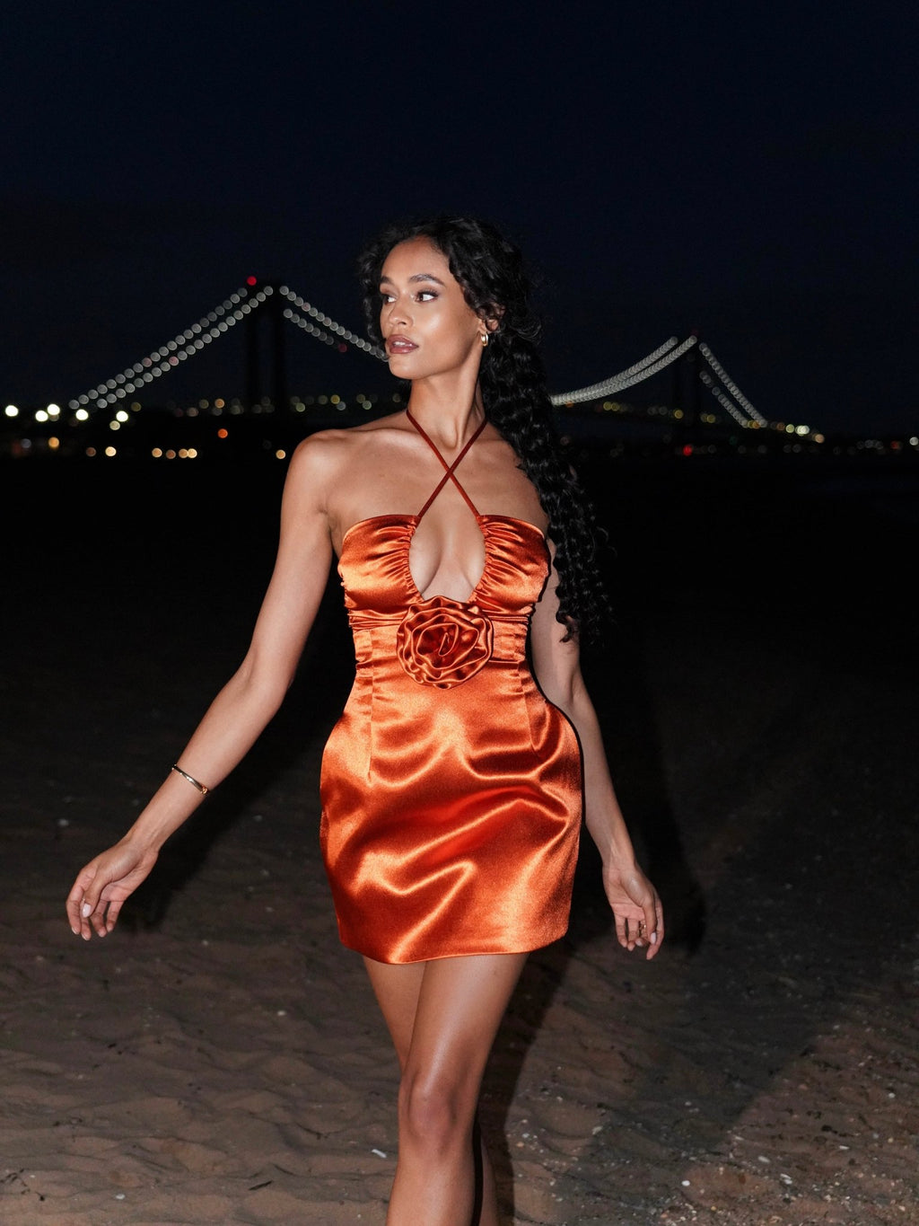 Marcia Orange Satin Strappy Halter Neck Dress - HOUSE OF SHE