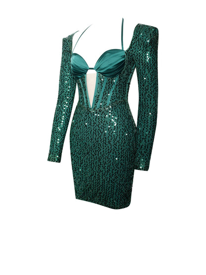 Melina Emerald Green Long Sleeve Sequin Dress - HOUSE OF SHE