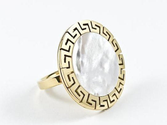 Modern Flat Round Center Mother Of Pearl With Greek Design Accents Border Gold Tone Steel Ring - HOUSE OF SHE