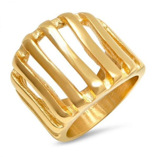 Modern Multi Line Cage Style Design Gold Tone Steel Ring - HOUSE OF SHE
