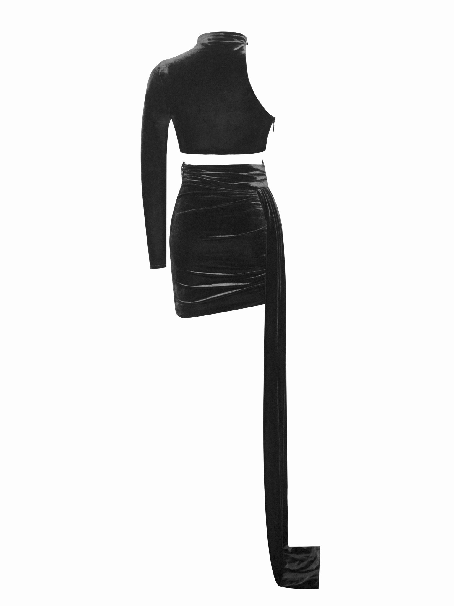 Nadia Black Velvet One Sleeve Draping Cutout Dress - HOUSE OF SHE