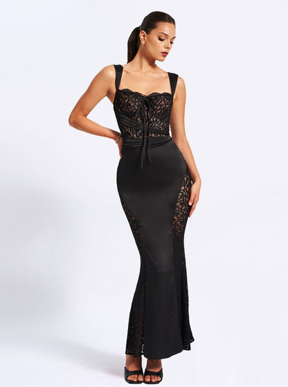 Nice Black Satin Maxi Dress - HOUSE OF SHE