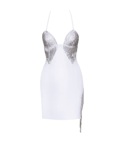 Quenna White Halter Neck Dress With Crystal Fringe - HOUSE OF SHE