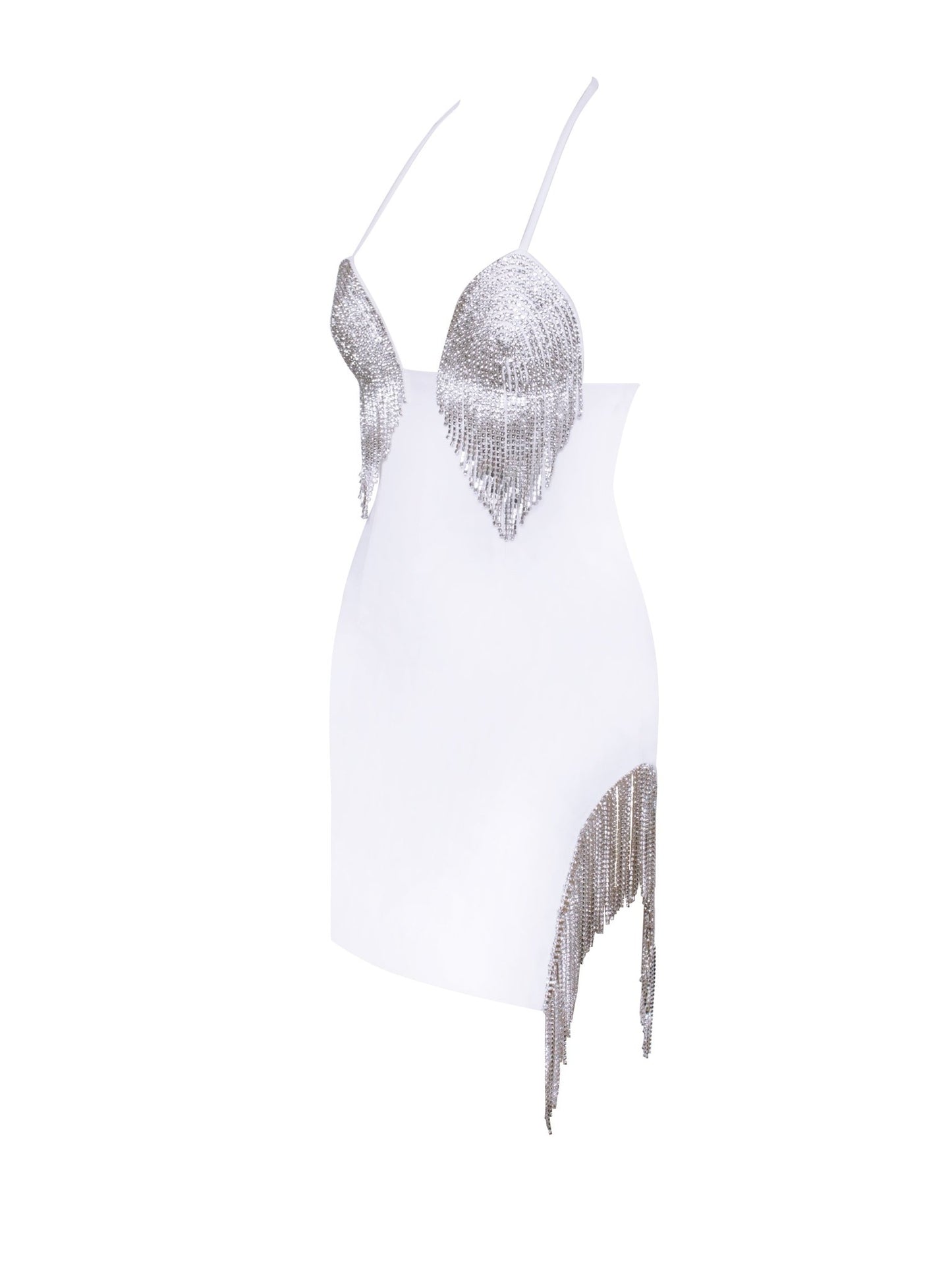 Quenna White Halter Neck Dress With Crystal Fringe - HOUSE OF SHE