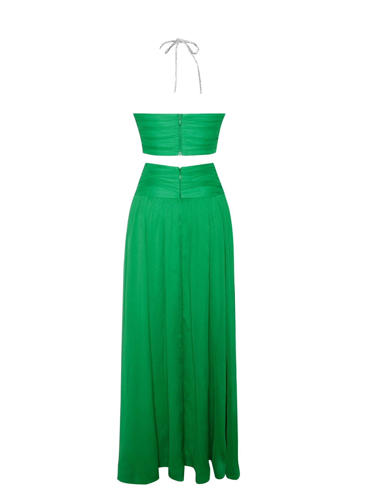 Quinby Green Silk Pleated Lace Up Maxi Dress - HOUSE OF SHE