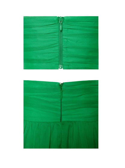 Quinby Green Silk Pleated Lace Up Maxi Dress - HOUSE OF SHE