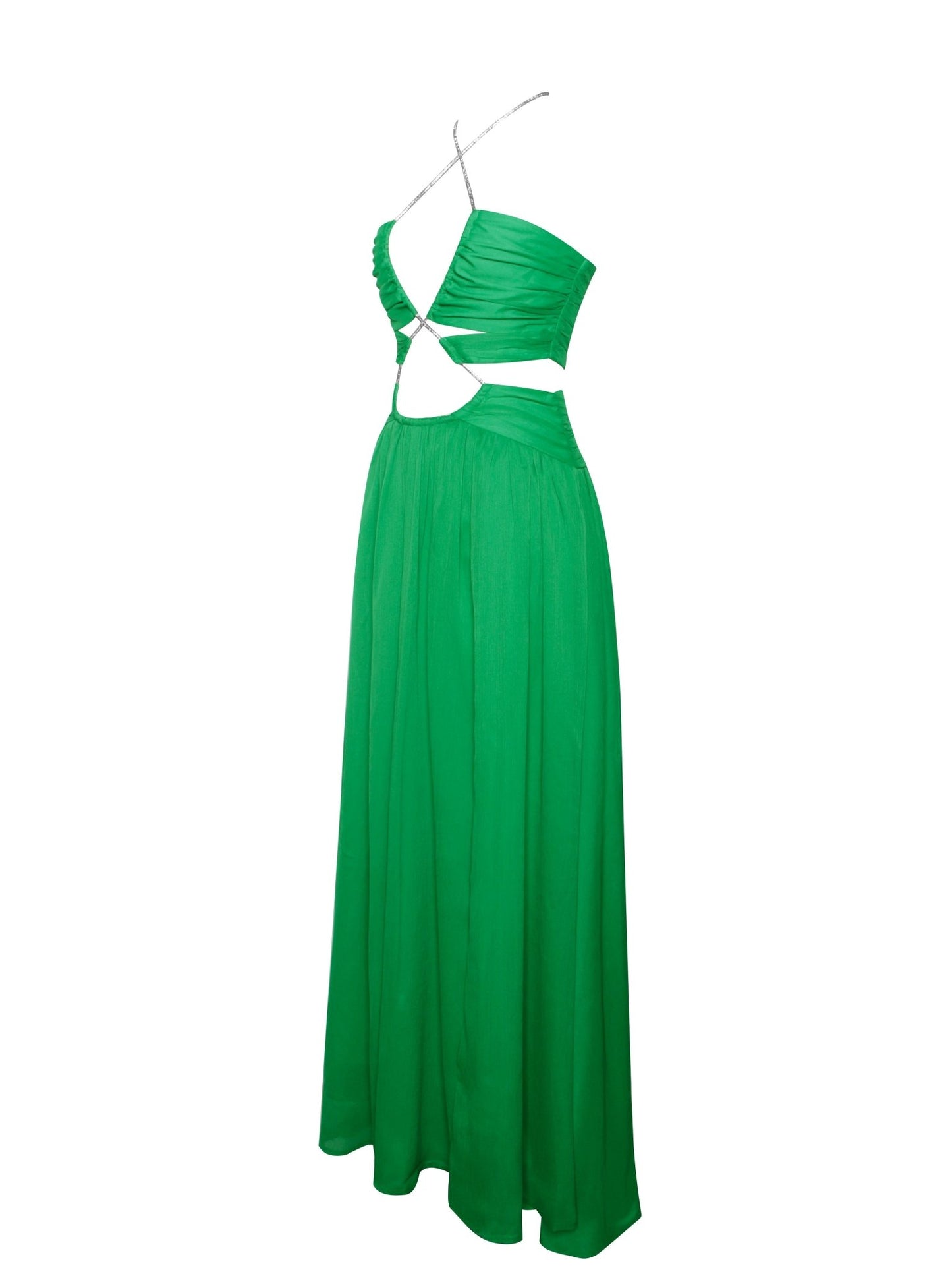 Quinby Green Silk Pleated Lace Up Maxi Dress - HOUSE OF SHE