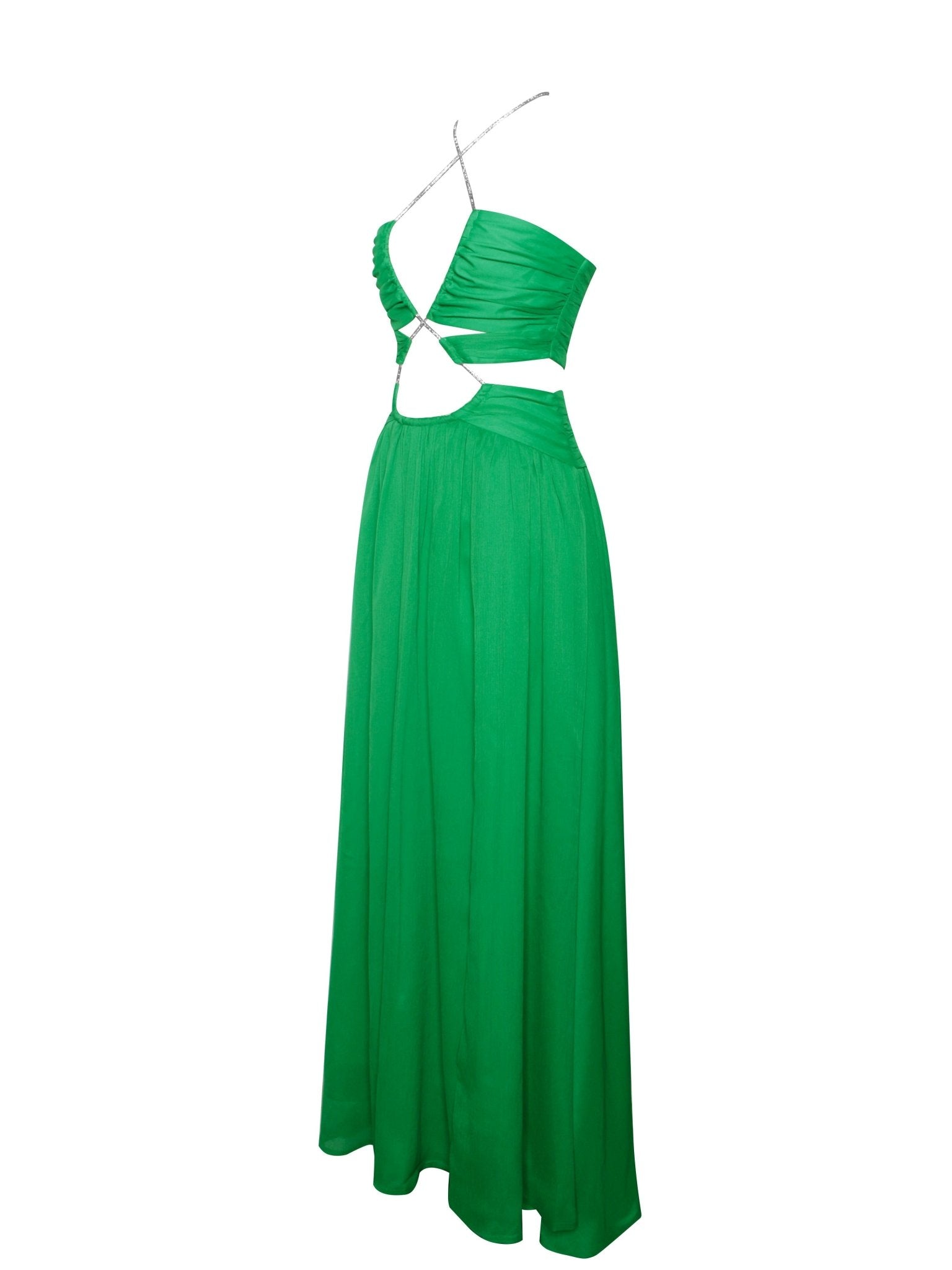 Quinby Green Silk Pleated Lace Up Maxi Dress - HOUSE OF SHE