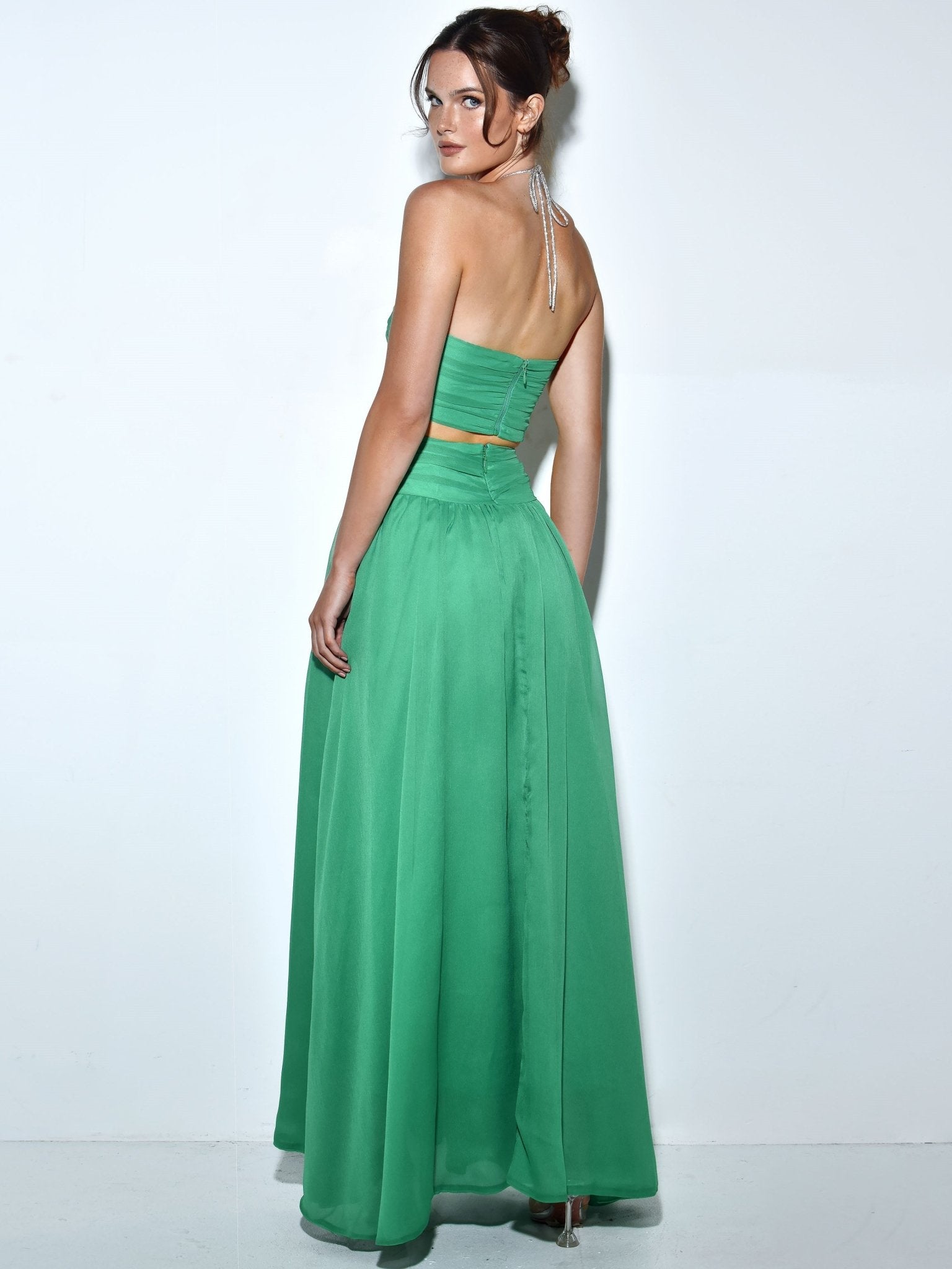 Quinby Green Silk Pleated Lace Up Maxi Dress - HOUSE OF SHE