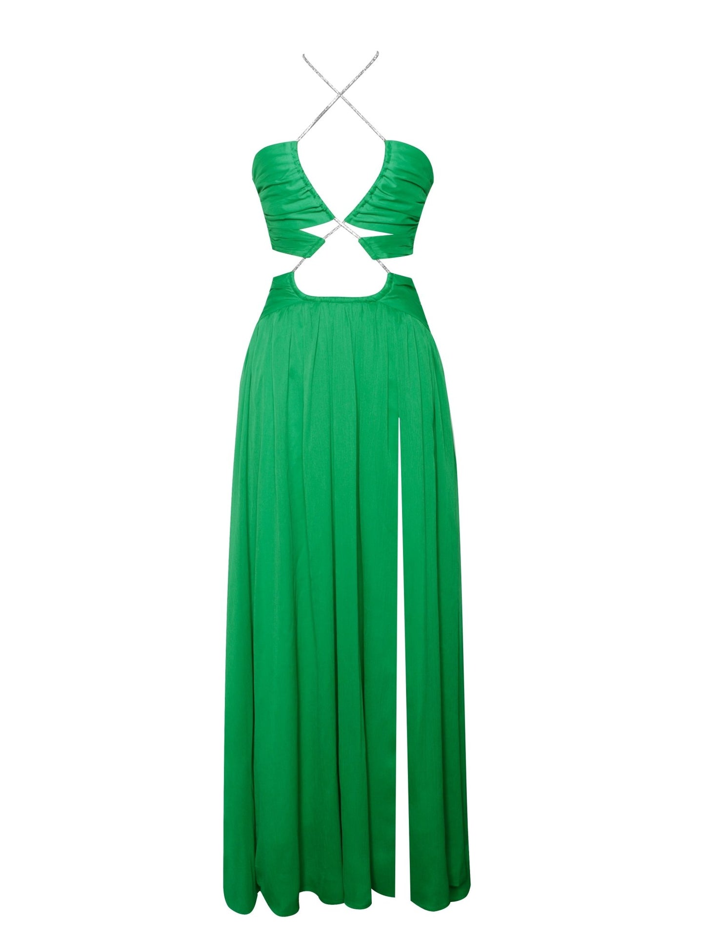 Quinby Green Silk Pleated Lace Up Maxi Dress - HOUSE OF SHE