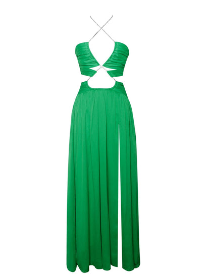 Quinby Green Silk Pleated Lace Up Maxi Dress - HOUSE OF SHE