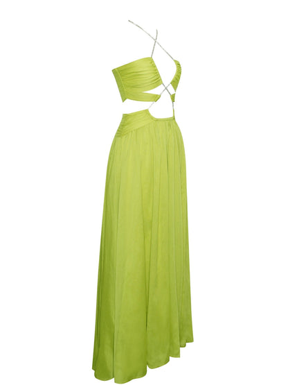 Quinby Lemon Chiffon Pleated Lace Up Maxi Dress - HOUSE OF SHE