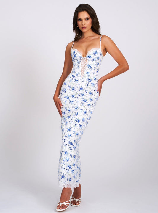 Qwin Blue Floral Print Satin Lace Maxi Dress - HOUSE OF SHE