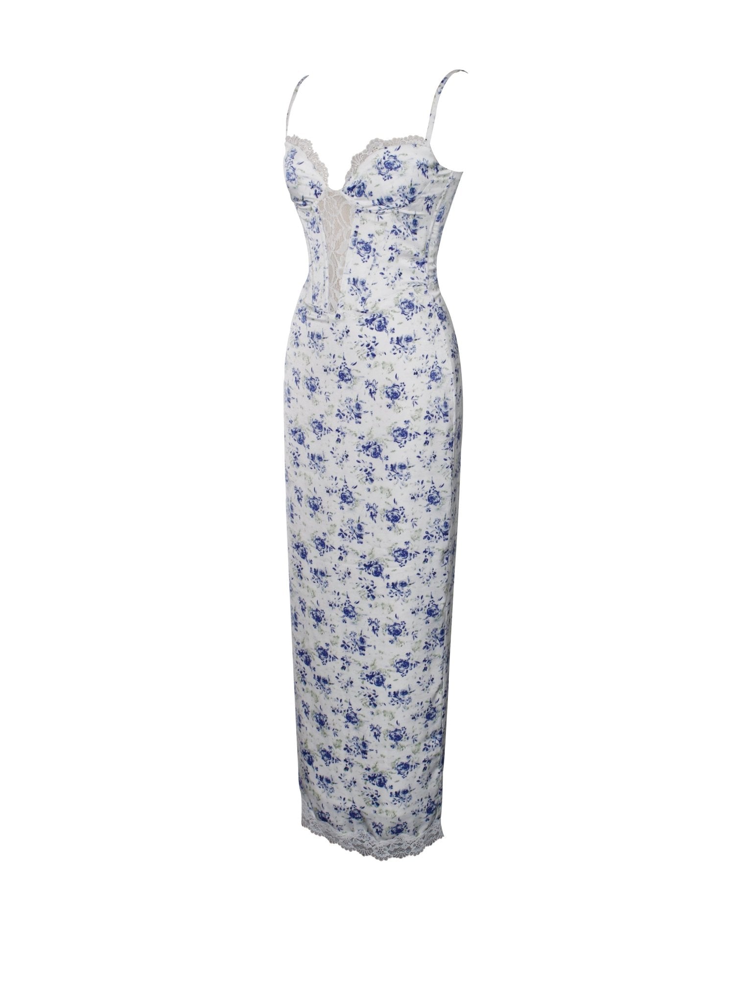 Qwin Blue Floral Print Satin Lace Maxi Dress - HOUSE OF SHE