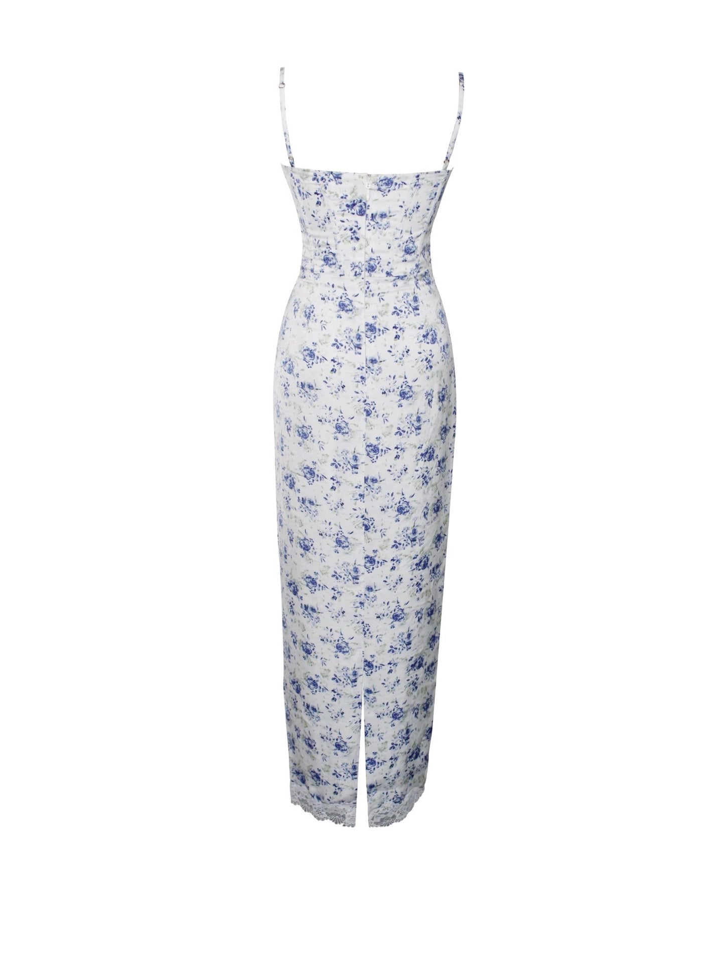 Qwin Blue Floral Print Satin Lace Maxi Dress - HOUSE OF SHE