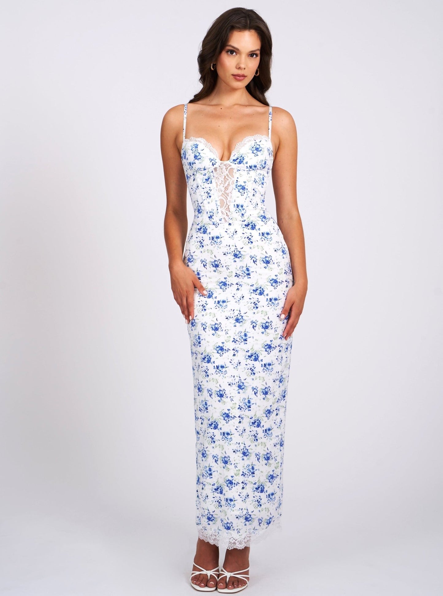 Qwin Blue Floral Print Satin Lace Maxi Dress - HOUSE OF SHE