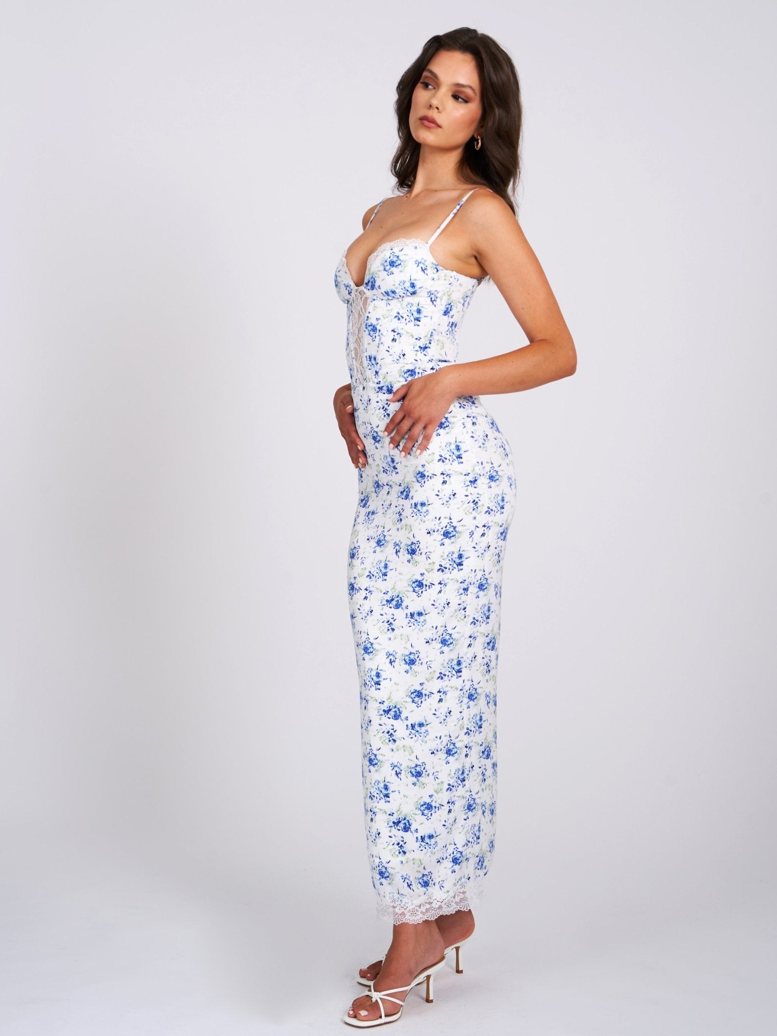 Qwin Blue Floral Print Satin Lace Maxi Dress - HOUSE OF SHE