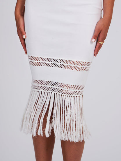 Raya White Knit Crochet Fringe Midi Dress - HOUSE OF SHE