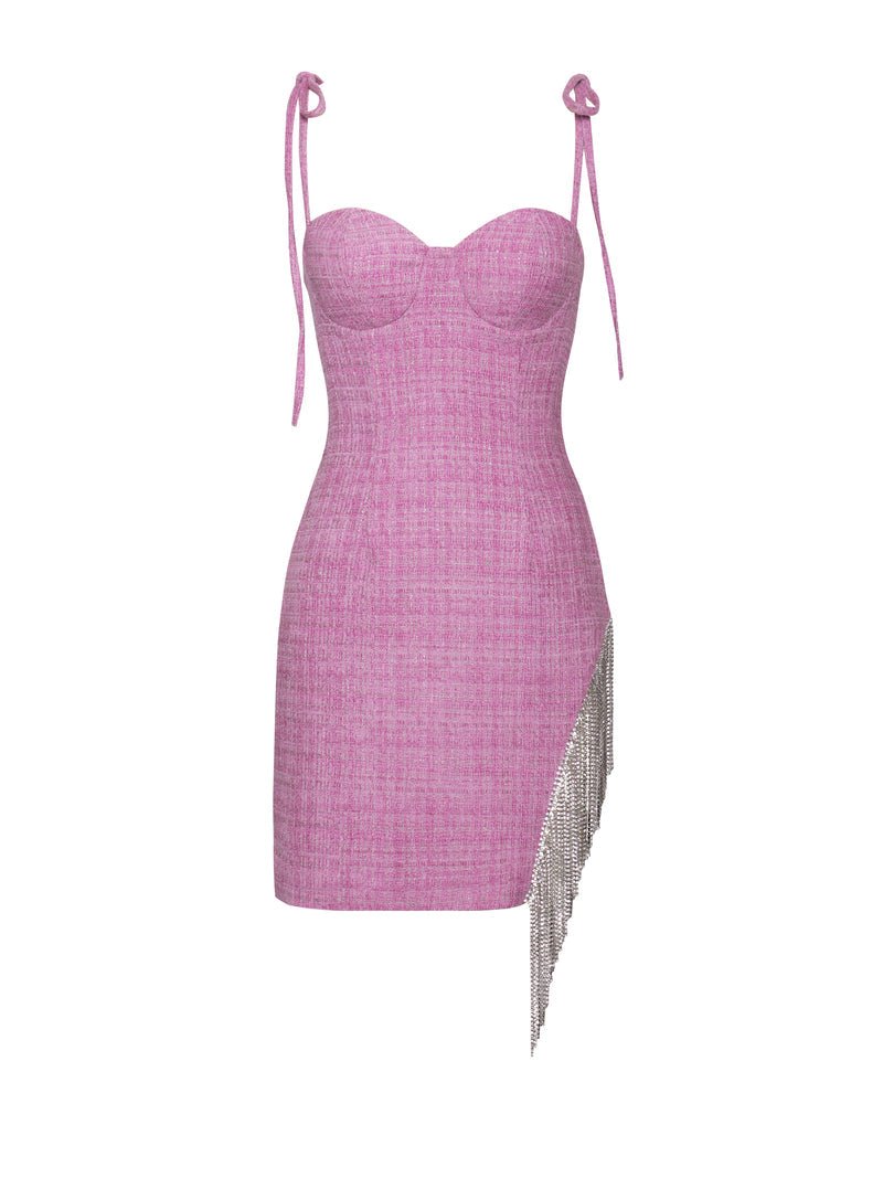 Rosie Fuchsia Tweed Crystal Fringe Dress - HOUSE OF SHE