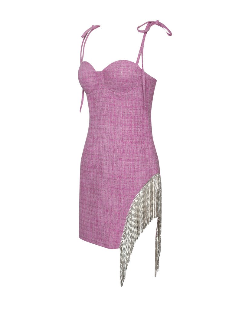 Rosie Fuchsia Tweed Crystal Fringe Dress - HOUSE OF SHE