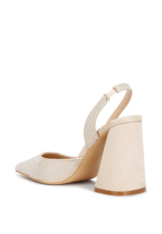 Saranna Rhinestone Embellished Suede Heel Sandals - HOUSE OF SHE