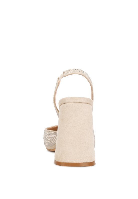 Saranna Rhinestone Embellished Suede Heel Sandals - HOUSE OF SHE